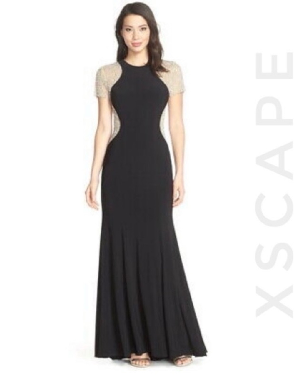 XSCAPE illusion beaded evening formal size 6 short sleeve dress